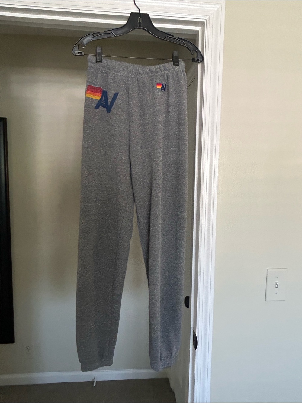 Aviator Nation Gray Sweatpants with Rainbow Stripe & Navy 'A' Logo